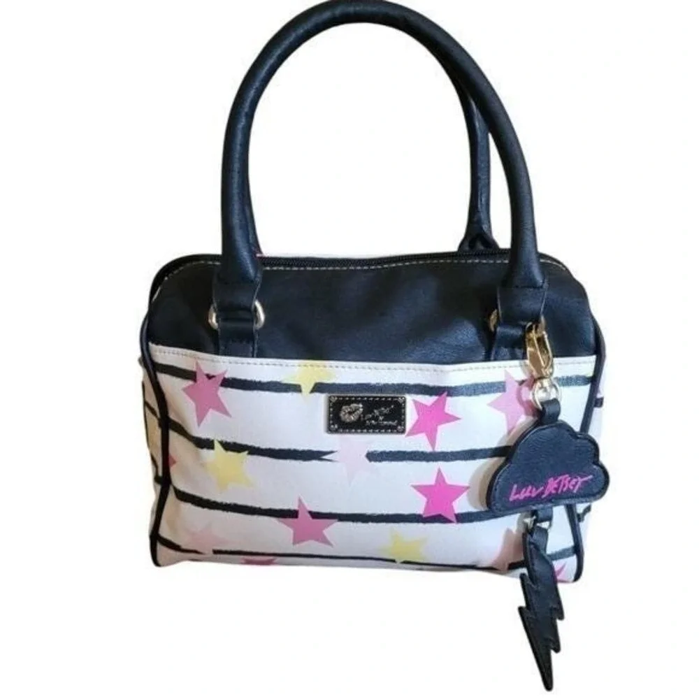 Luv Betsey by Betsey Johnson Star Stripe Satchel Bag White Black Pink Keychain